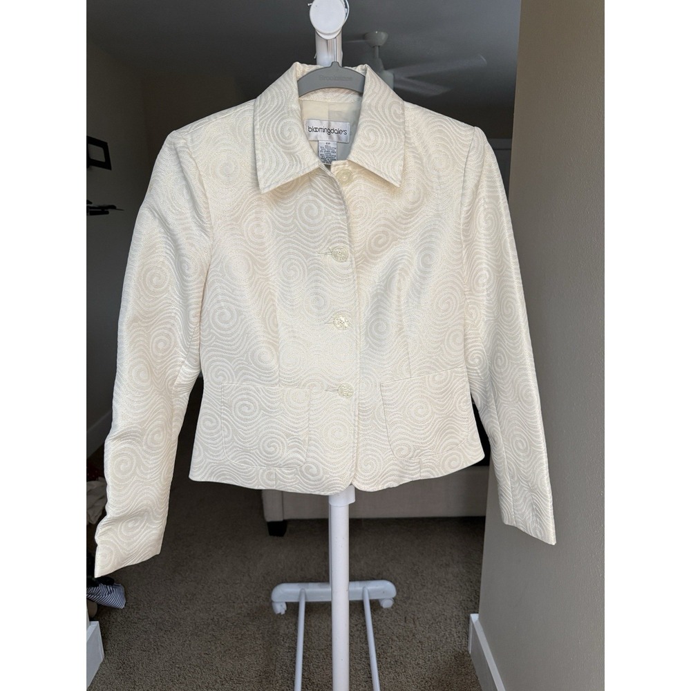 Bloomingdales Vintage Cream Swirl Jacquard Blazer Petite 6P Ivory Business Suit